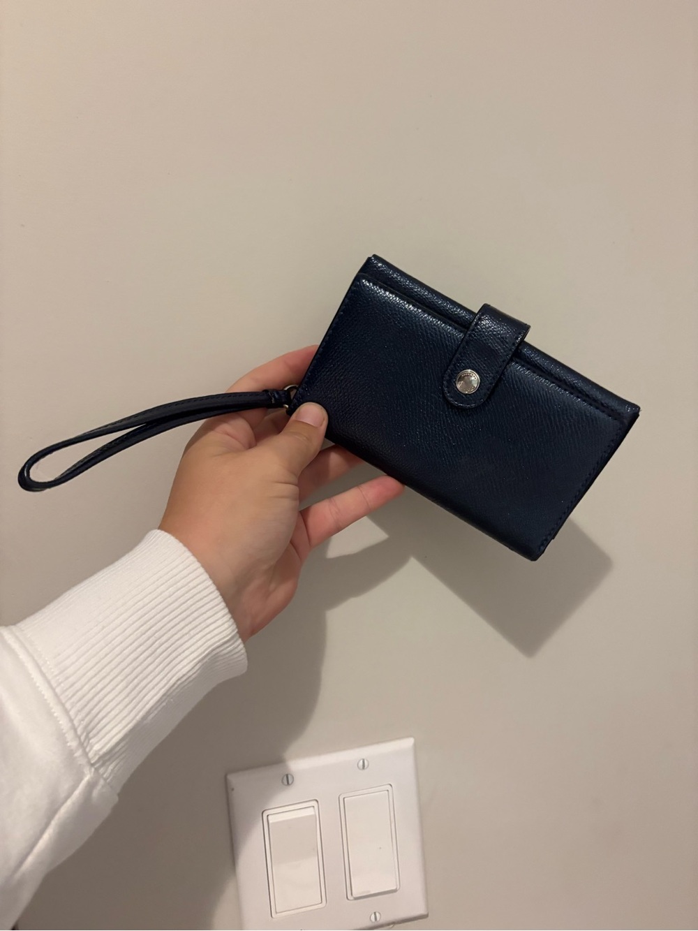 Coach Navy Leather Wristlet Wallet with Snap Closure